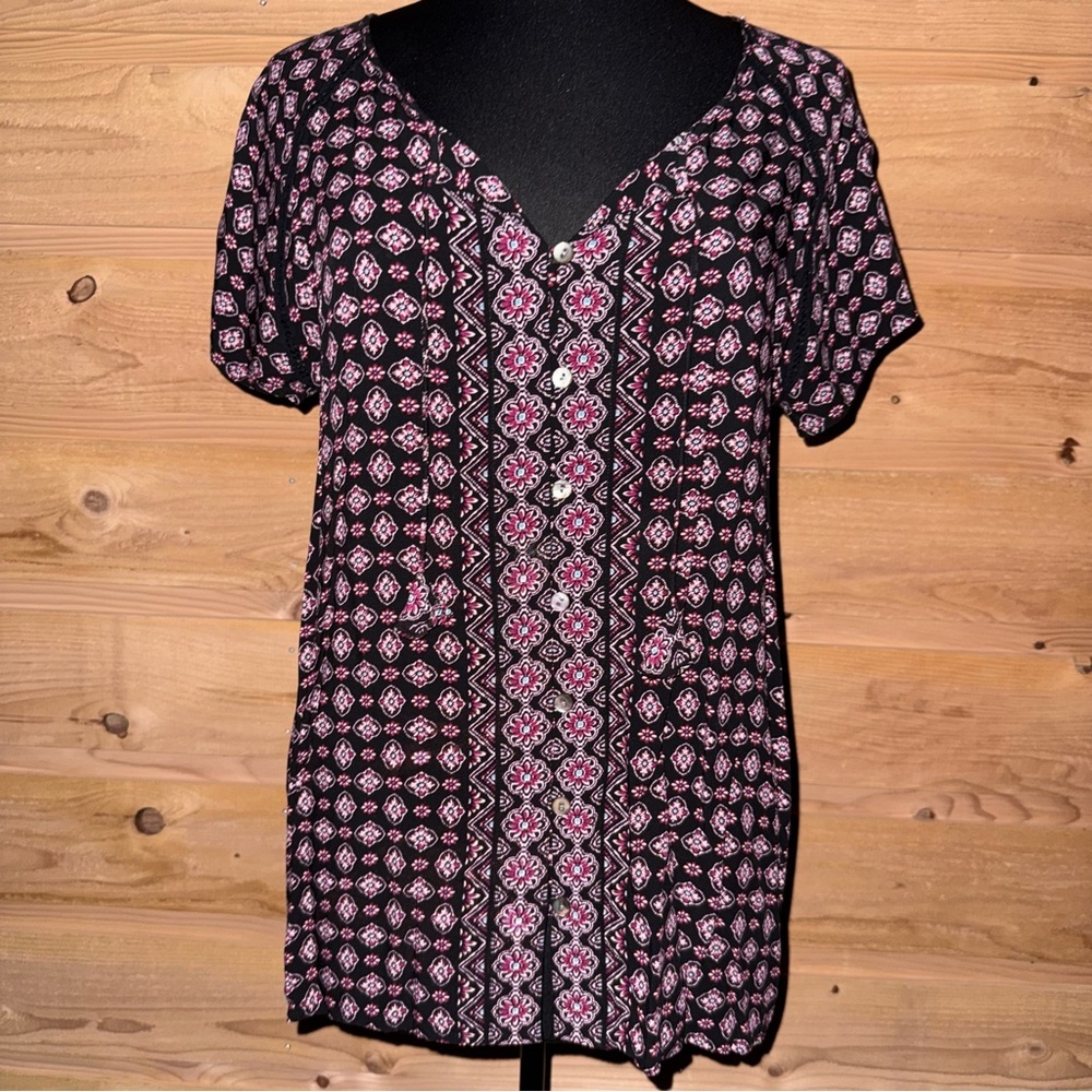 Women's Black and Pink Patterned Top / tunic J. Jill